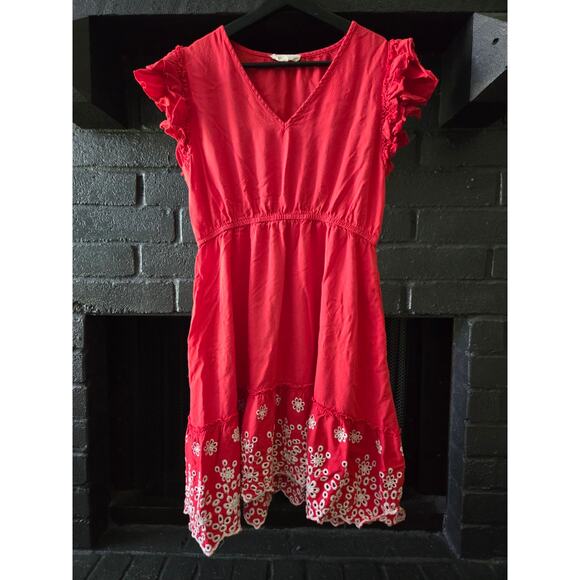 Solitaire Eyelet Floral design Ruffle sleeved mini dress womens size Medium - Picture 1 of 6